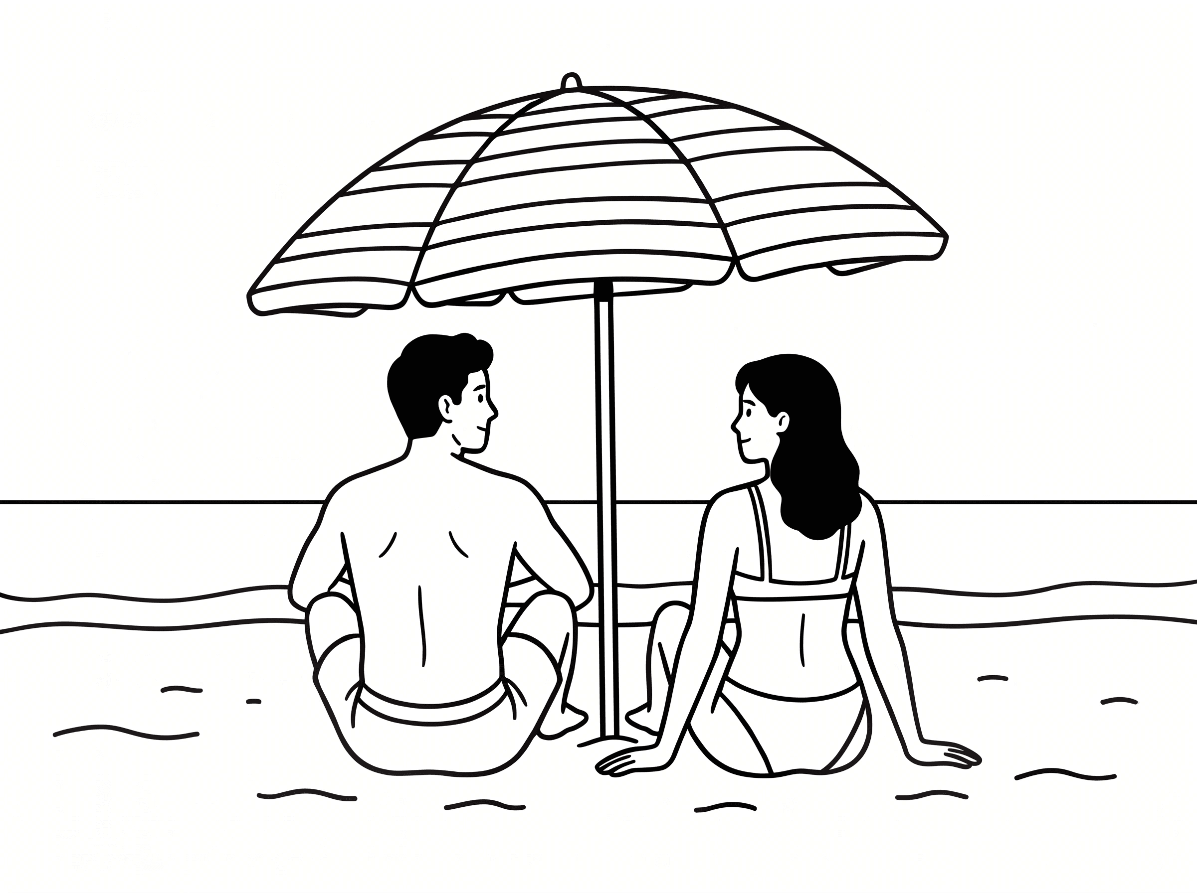A couple sitting on the sand under a striped beach umbrella, looking at each other