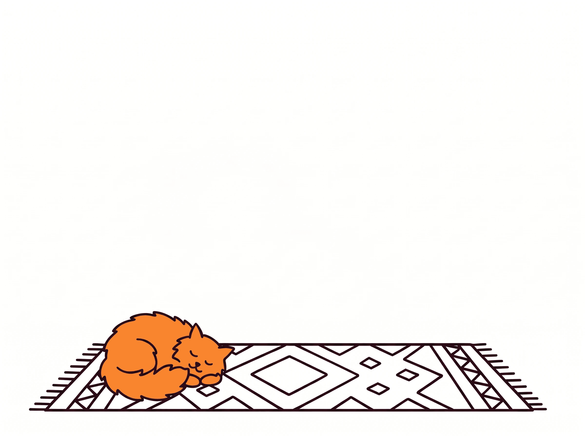 A ginger cat curled up asleep on a patterned rug
