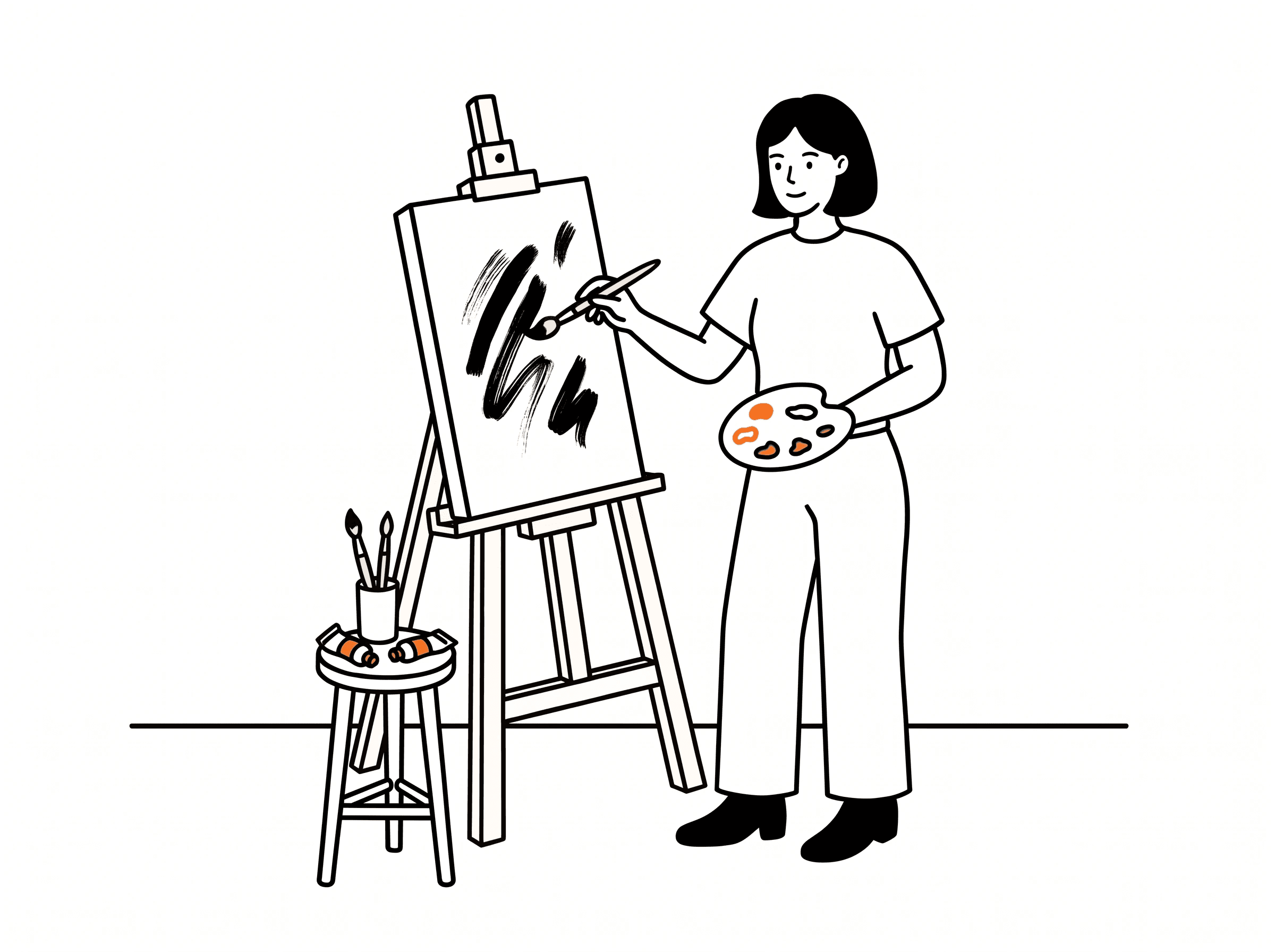 A woman painting at an easel, palette in hand, brushes on a stool beside her