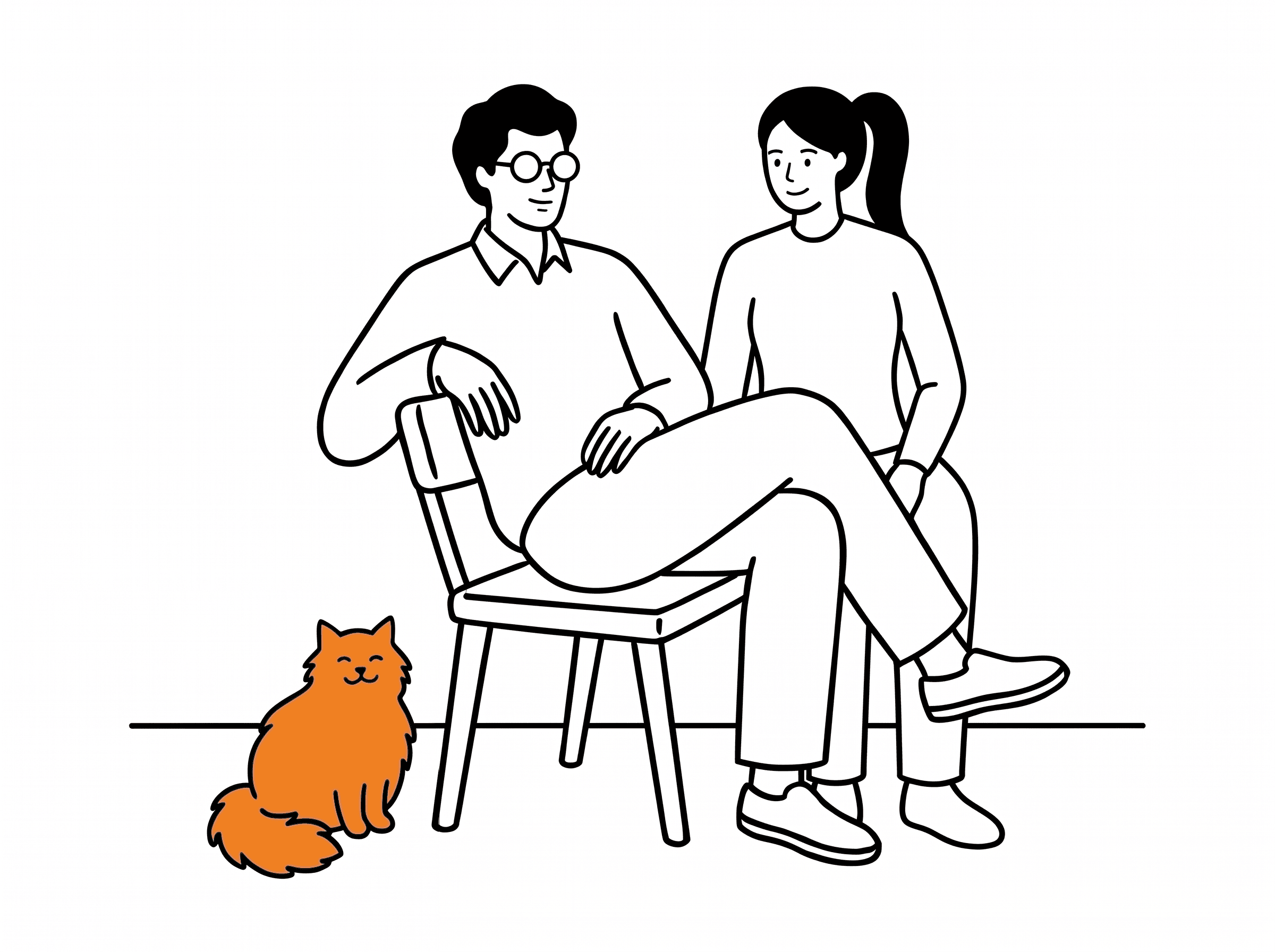 A couple sitting together, one on a chair with their legs crossed, with a ginger cat beside them